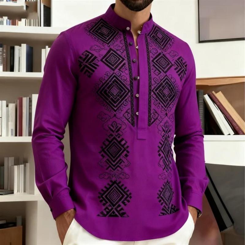 Men Geometric Ethnic Print Stand Collar Long Sleeve Shirt