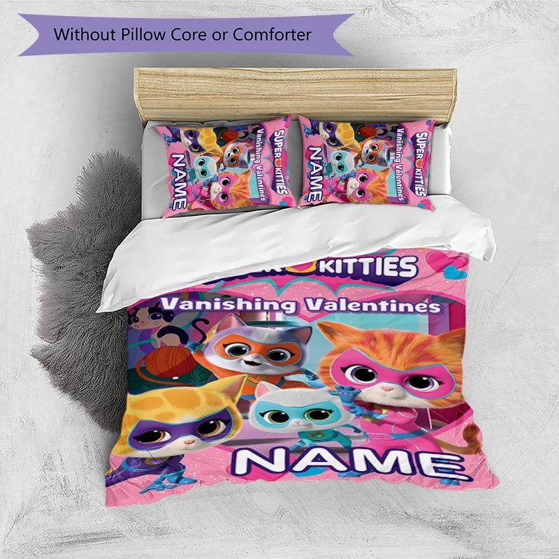 3pcs Super Kitties Adventures1 Cover Set - Personalized Name, HD Printed Bedding with 1 Cover and 2 Pillowcases - Perfect for Home Decor, Easy C