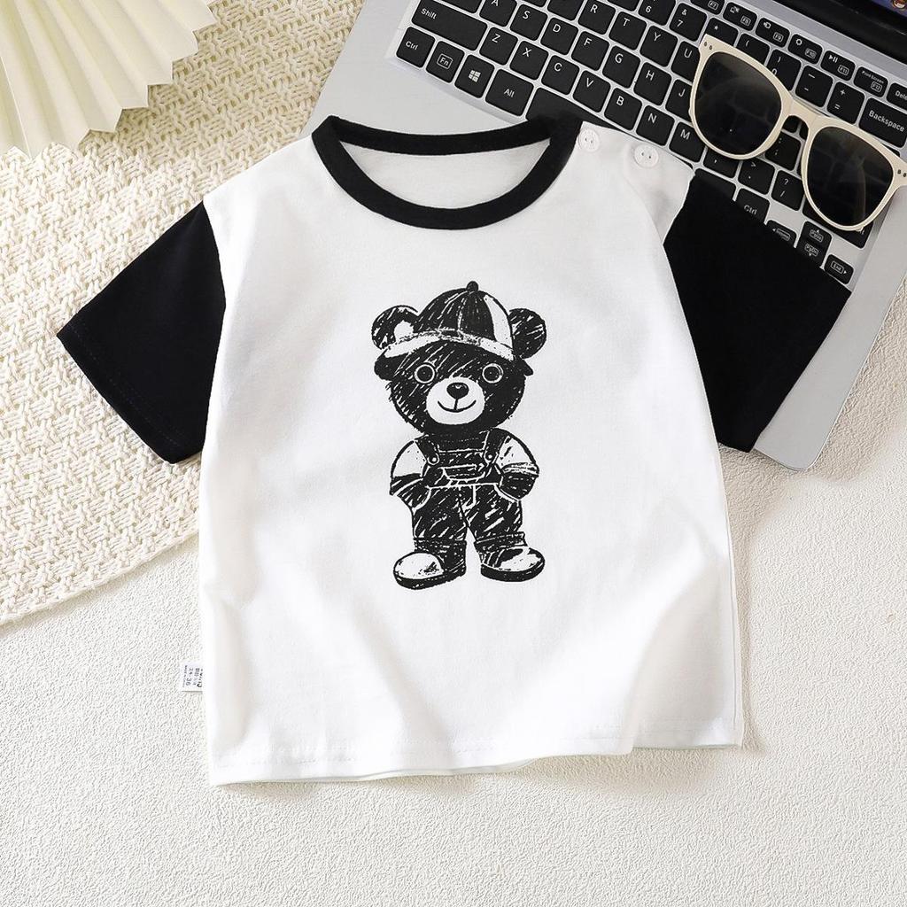 Letní trička s krátkým rukávem 2026 pro chlapce a dívky Miminko Jaro Kulatý výstřih Kreslený bavlněný top pro děti