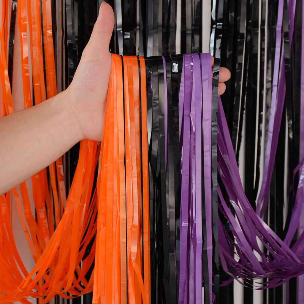 Tricolor Black And Orange With Purple Foil Fringe Curtain, 3.28FT X 6.56FT Door Curtains Photo Booth Back-drop For Halloween Party Decorations