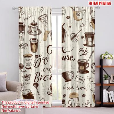 2pcs,2D Plane Printing Popular Curtains Caf Doodles Versatile Polyester Fabric (without Rod) All Seasons Use for Living Room,