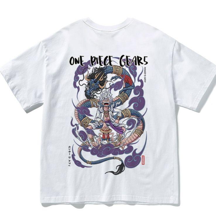 

Heavyweight Luffy Tshirt Male Japanese Anime 2D Collaboration Short Sleeve Retro Pure Cotton Loose Student Tshirt S
