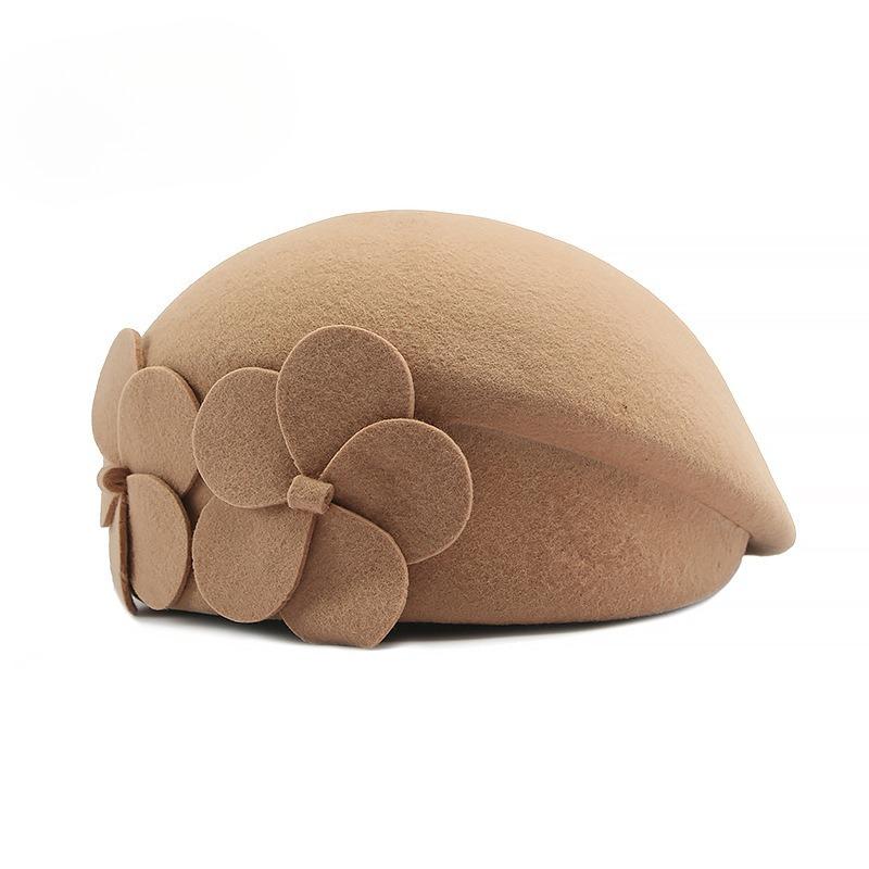 100% Pure Wool Beret for Women Elegant Floral Woolen Hat Vintage French Style Painter Cap Autumn Winter Warm Stewardess Hat Solid Color