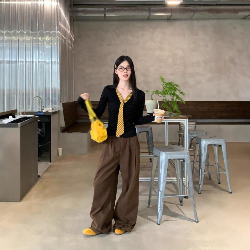 Korean Plaid Tie T-shirt for Women in Autumn and Winter New Design Slim Fit Inner Layering Shirt