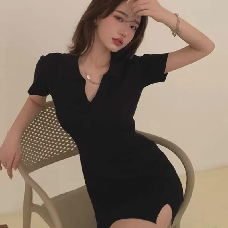 Sexy Black Slim Fit V-Neck Slit Dress - Summer Short Skirt