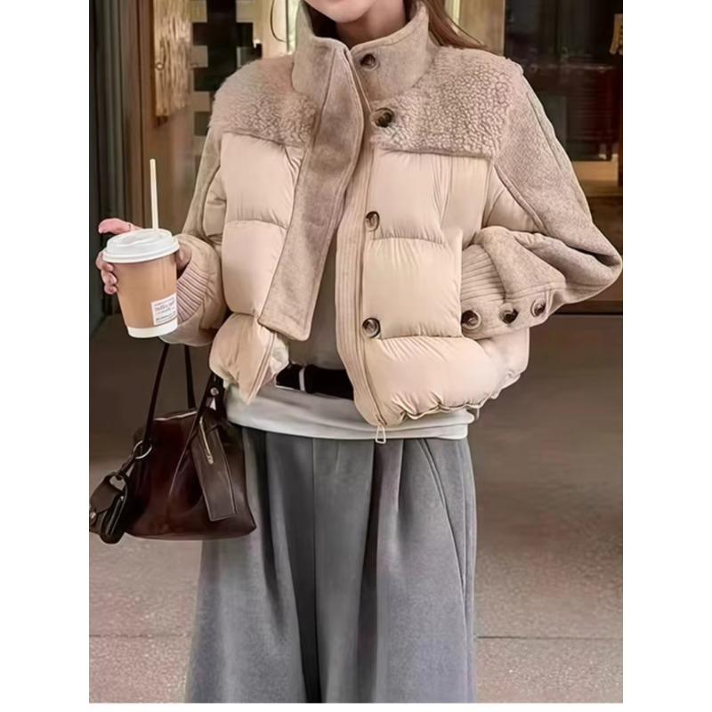 Fashion Woolen Spliced Down Padded Jacket Women's Winter Short Coat Loose Parkas Thicken Warm Stand-collar Outerwear