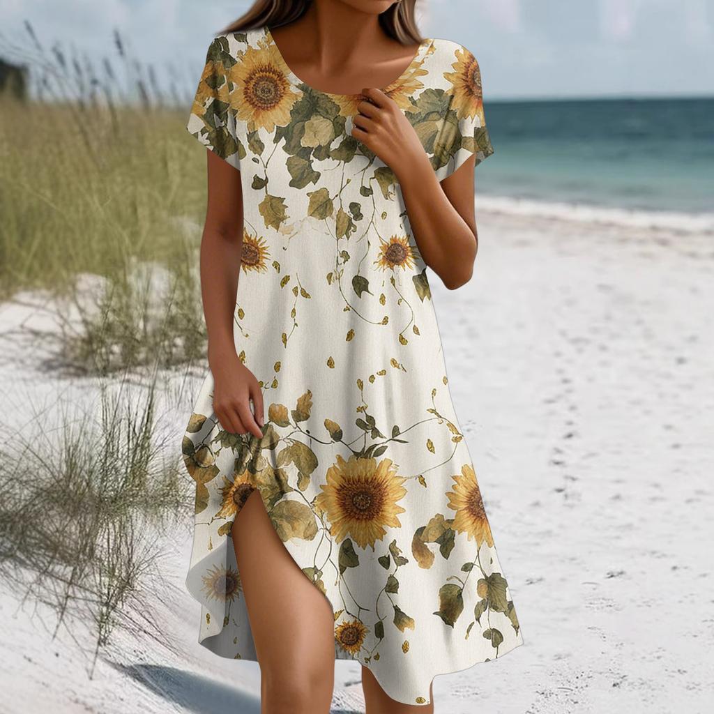Short Sleeve Boho Dress For Women Casual Loose Fit Summer Sundress Floral Print Dress With Pockets