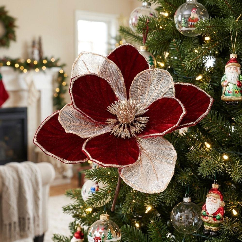 Samttextur Künstliche Weihnachtsblume Funkelnde Realistische Kunst-Magnolienblüte Dreischichtiges DIY-Bastelobjekt