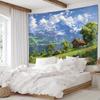 2D Swiss Countryside Tapestry, Snow-Capped Mountain & Lake View Wall Hanging for Home Decor