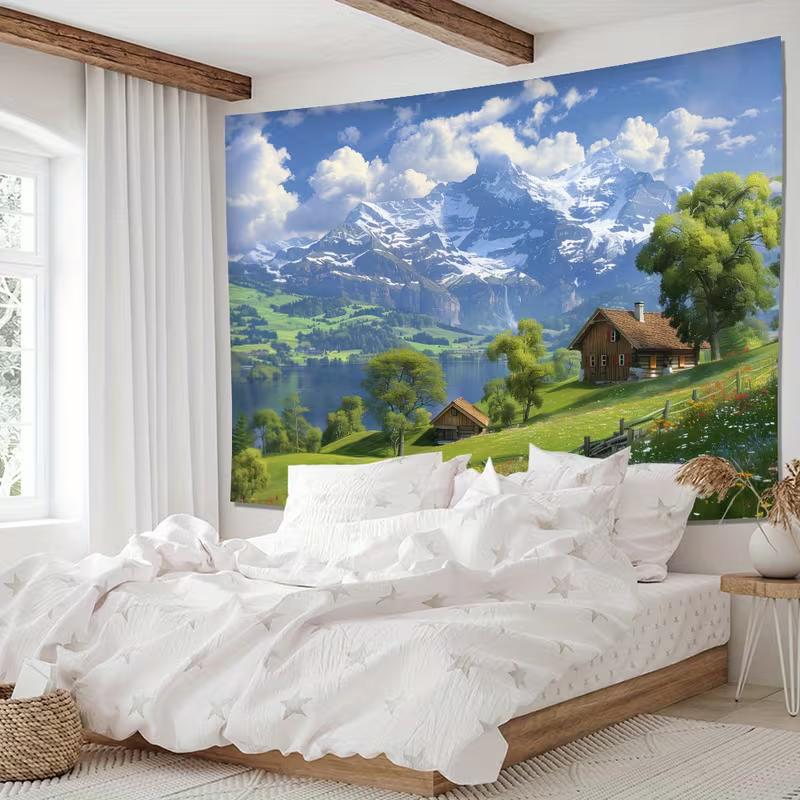2D Swiss Countryside Tapestry, Snow-Capped Mountain & Lake View Wall Hanging for Home Decor
