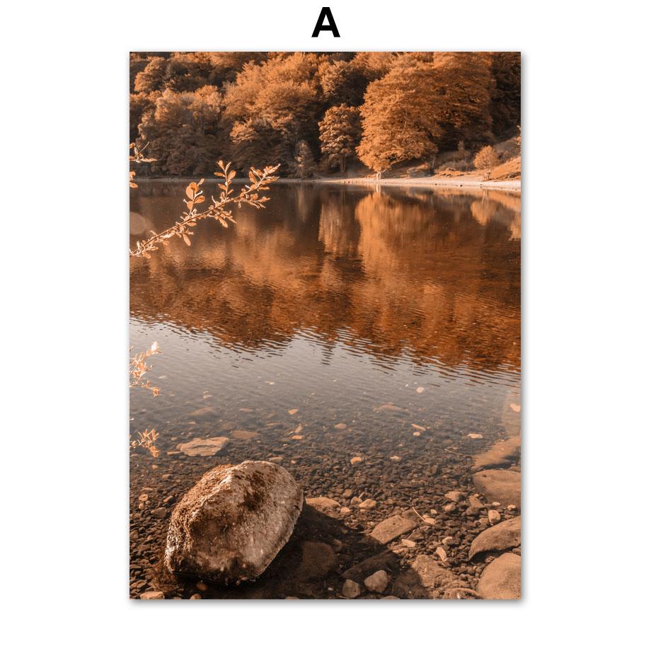 Autumn Mountain Road Lake Deer Forest Leaves Wall Art Print Canvas Painting Nordic Poster Wall Pictures For Living Room Decor