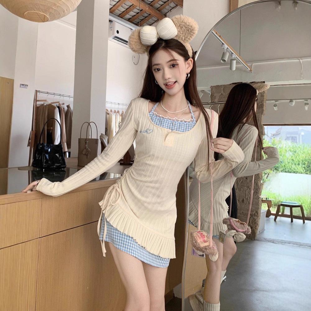 Chic Halter Dress: Autumn Winter Waist-Cinching Irregular Patchwork Skirt Large