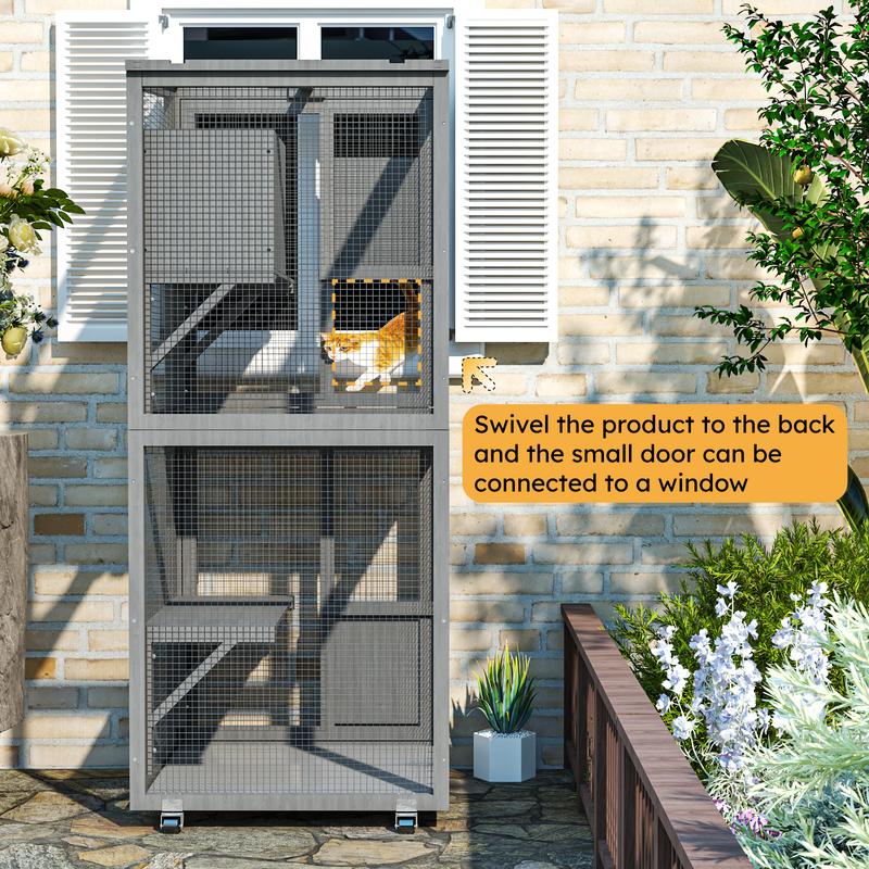 4-Tier Large Outdoor Cat Catio, Cat Enclosure with Wheels, Waterproof Roof, 4 Doors & Resting Box, Grey/Black