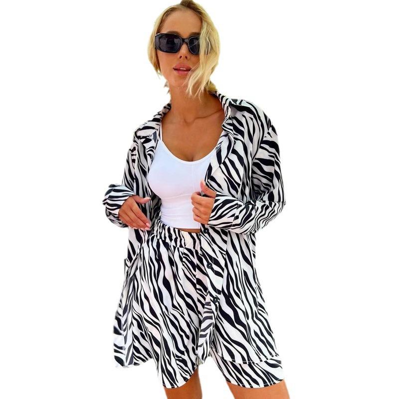 European & American Leopard Print Cardigan and Shorts Women's Summer Two-Piece Set