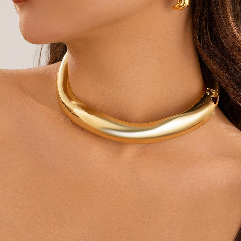 Punk Open Choker Torques Necklaces Bangles Stud Earrings Set For Women Hyperbole Geometric Gold Silver Color Metal Jewelry Set