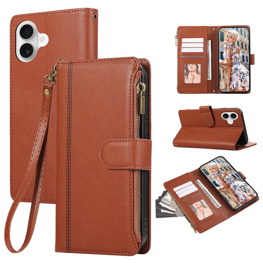 For iPhone 17 Case Multi Card Slots Zipper Leather Phone Cover with Wrist Strap