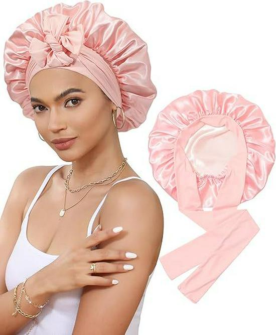 Double-Layer Satin Bowknot Sleep Cap - Imitation Silk Wide Brim Hat for Hair Care