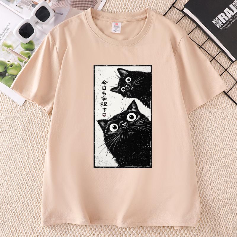 Japanese Cat TShirt Unisex Unisex Tokyo Aesthetic T Shirt Black Cat Tee Casual Cotton Short Sleeve Printed Tshirts Unisex Clothes