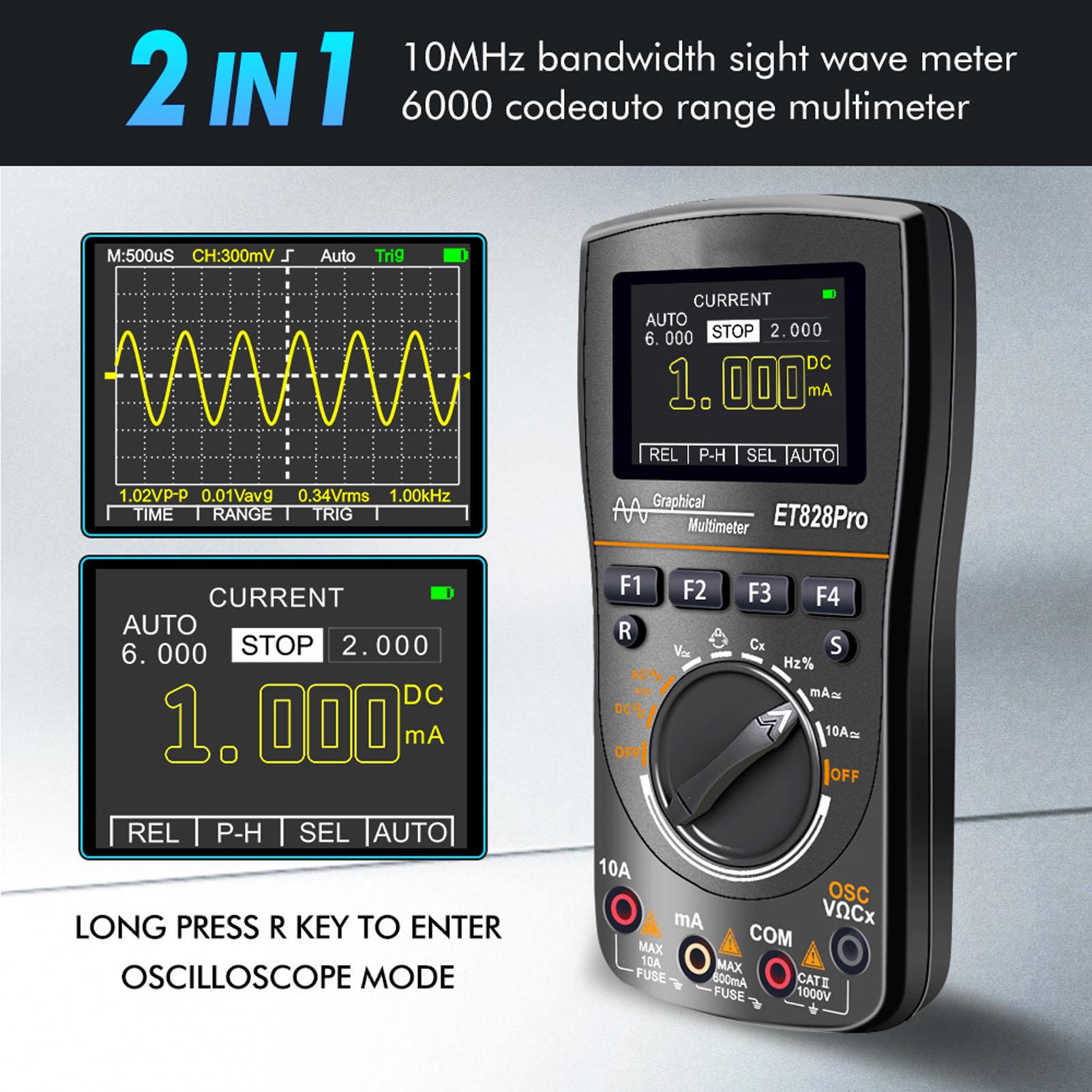 

Цифровий осцилограф-мультиметр ET828Pro 2 в 1 50 Мс/с 10 МГц аналогова смуга пропускання 2,4-дюймовий екран ручний осцилограф-мультиметр