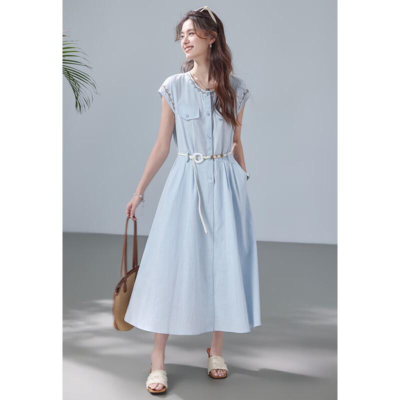 VICTORIA&VERA Lyocell Embroidered Flutter Sleeve Dress with Belt