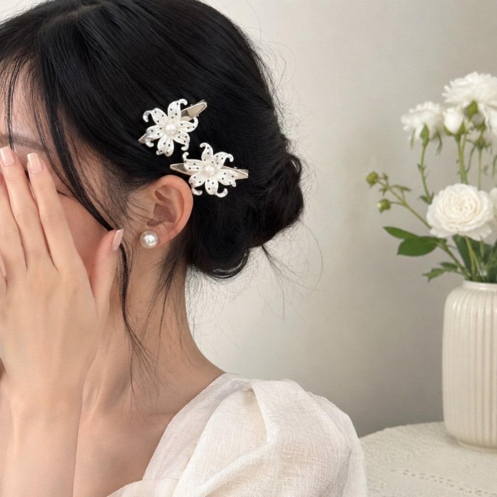 Star Print Flower Hair Clips Pearl Vintage Side Clip Cute Flower Hairpins Women