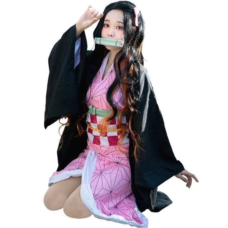 2025o Nezuko Anime Cosplay Costume, Kimono Demon Slayer, Perruques, Cheveux, Halloween, Carnaval, Tenue pour Femme