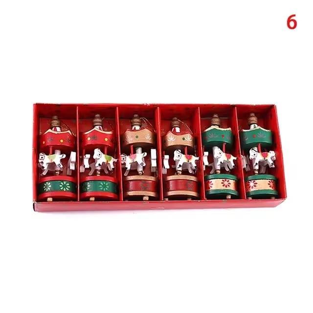 Christmas Wooden Carousel Horse Miniature Ornaments Christmas Tree Hanging Pendants New Year Gift Toy For Kid Home Party Decor