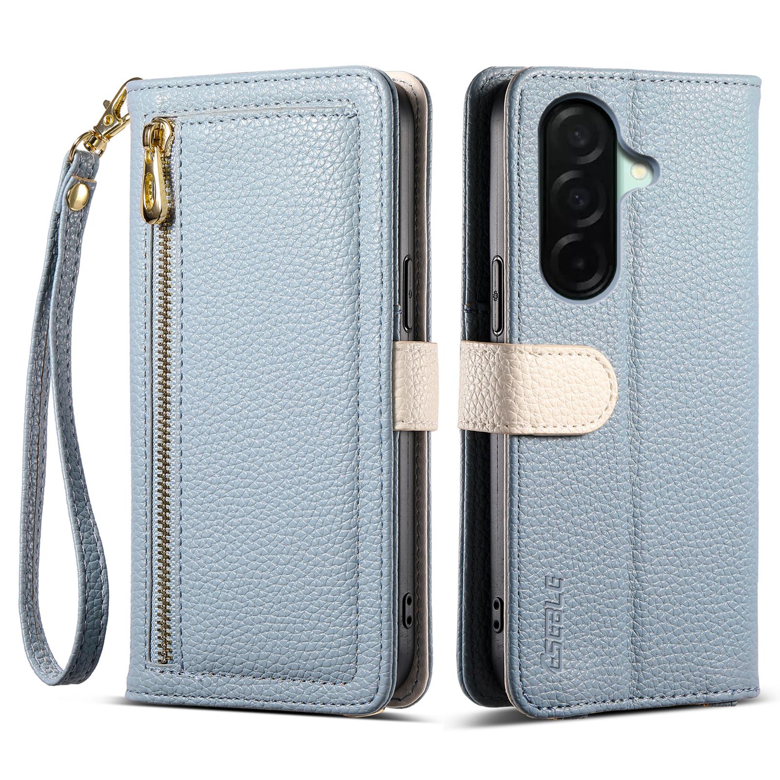 

ESEBLE E11 For Samsung Galaxy A26 5G Case Zipper Pocket Litchi Texture Leather Phone Cover with Mirror and Wrist Strap Sky Blue