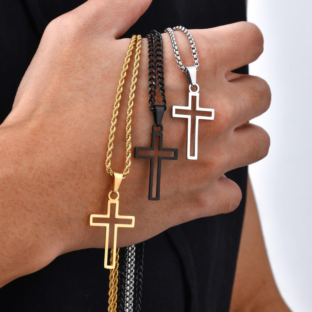 Casual Hollow Cross Necklaces for Men Boys,Waterproof Stainless Steel Cross Pendant Necklace,Religious Faith Prayer Zircon Gift