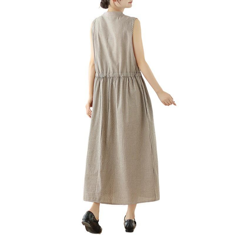 Summer new cotton and linen literary loose striped V-neck sleeveless vest dress women