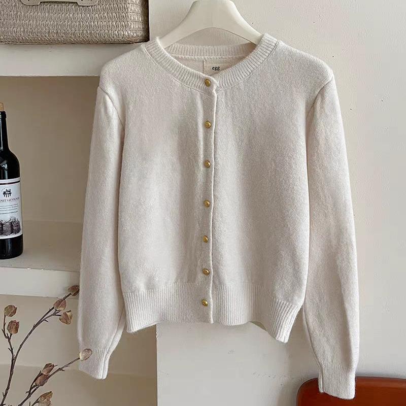 Women's thick solid color knitted cardigan sweater women's popular gold buckle small cardigan commuting versatile multi-color optional
