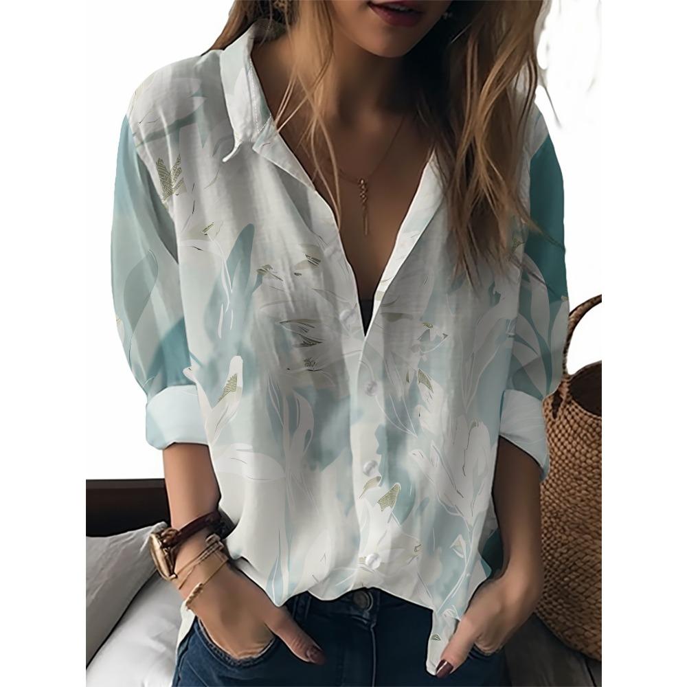 Sommer Minimalistisches Hemd mit Digitalem Blumenprint Knopfleistenhemd Oberteil für Damen Hawaiianischer Strandurlaub Lässiges Hemd