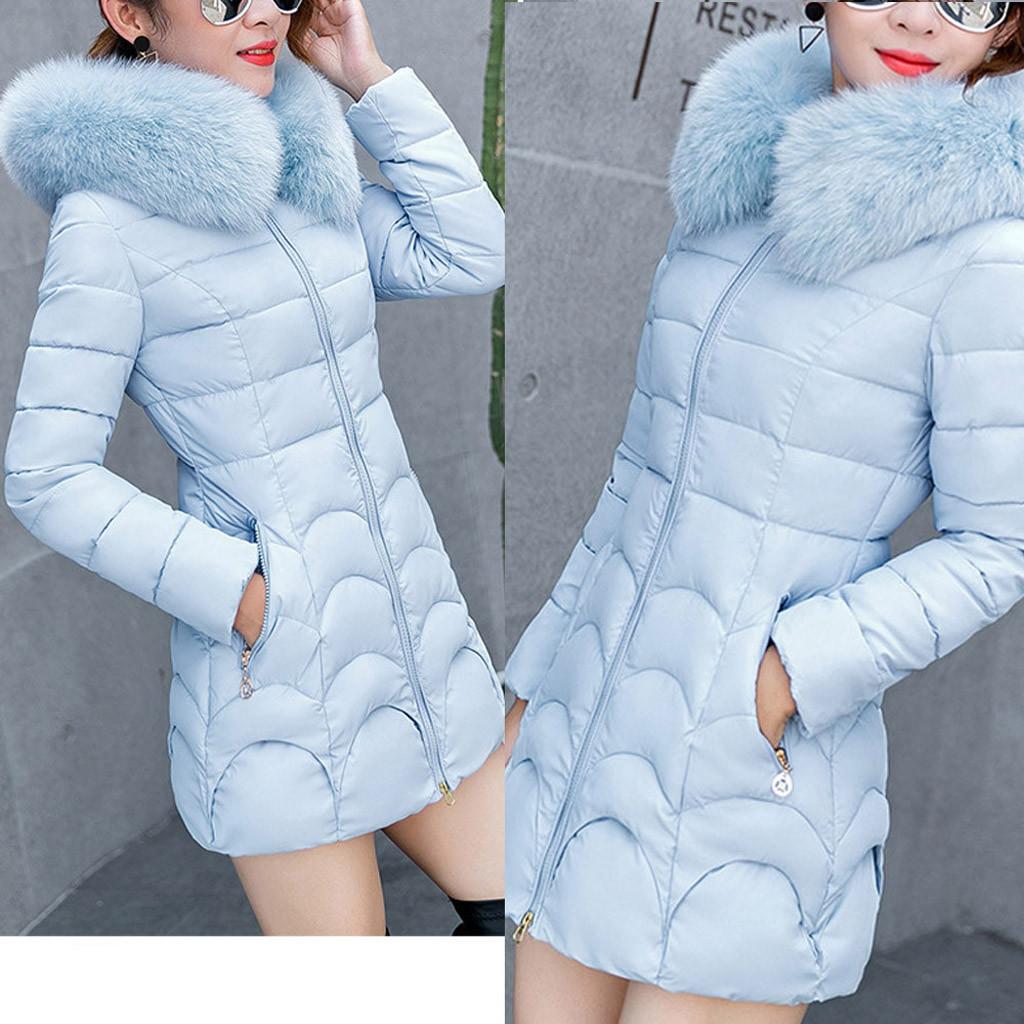Women Hooded Outwear Warm Coat Long Thick Furry Collar Cotton Slim Jacket