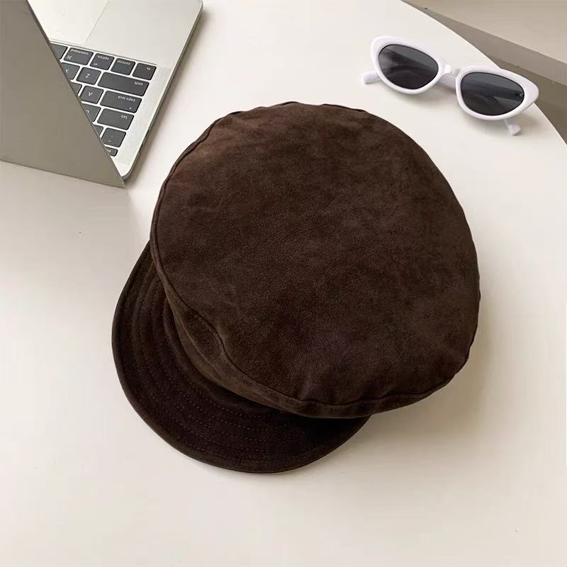 Autumn atmosphere Maillard~ Brown suede flat-topped newsboy hat for women's autumn and winter retro British octagonal beret