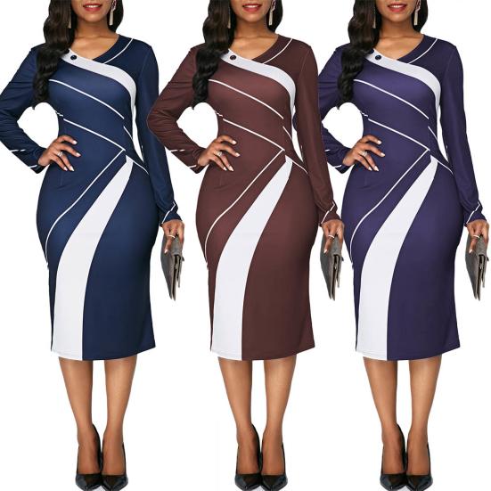 

Леди Нижние Юбки Плюс Размер Плюс Размер Женщины Полосатый Цвет Блока V Образным Вырезом С Длинным Рукавом До Колена Платье-футляр