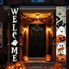 Durable Fabric Banner Halloween Porch Sign Banner, Pumpkin Ghost Party Awning Hanging Wall Decorative Holiday Door Decoration, Front Wreath