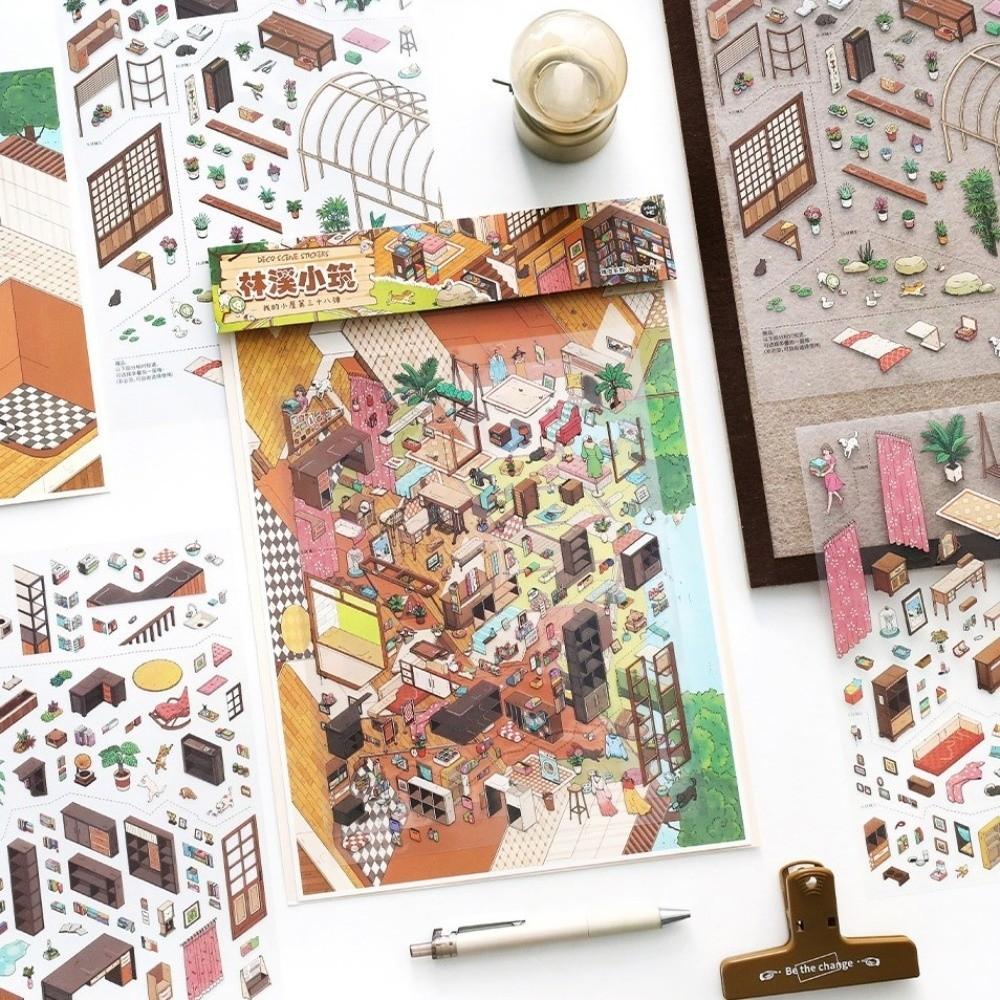 My Home Theme Cabin Scene Stickers PET Die-cut 3D Stacking Stickers Scrapbook Stickers Art Crafts