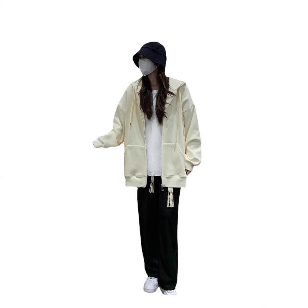Women's Oversize Milk Apricot Zipper Hoodie - Heavyweight Fish Scale Cardigan for Early Autumn
