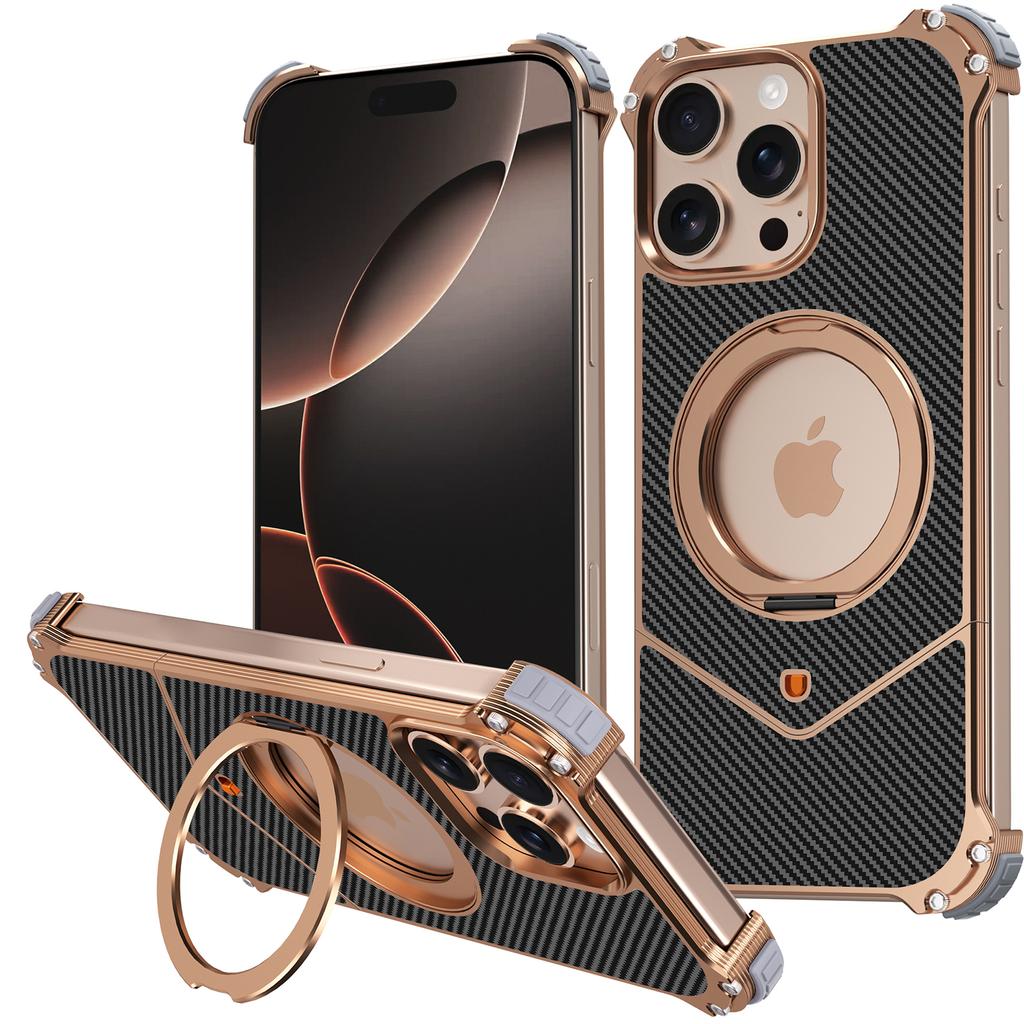 For iPhone 15 Pro Magnetic Case Carbon Fiber Texture PU+Metal Boardless Phone Back Cover with Kickstand