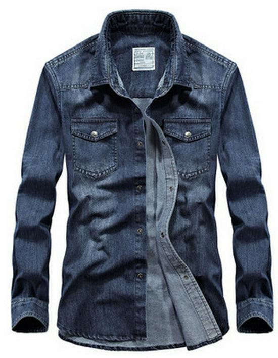 Men s Long-Sleeve Retro American Denim Workwear Shirt 65J22 XL