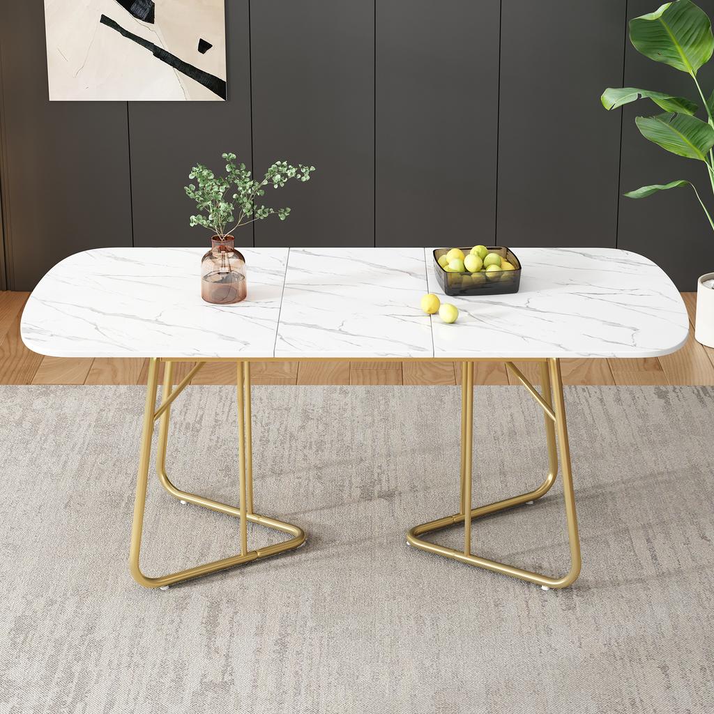 White Extendable Dining Table with Marble Structure, Gilded Metal Table Legs, 140/180*80 Cm, Exquisite Luxury, Rectangular, Suitable for 4–6 Persons