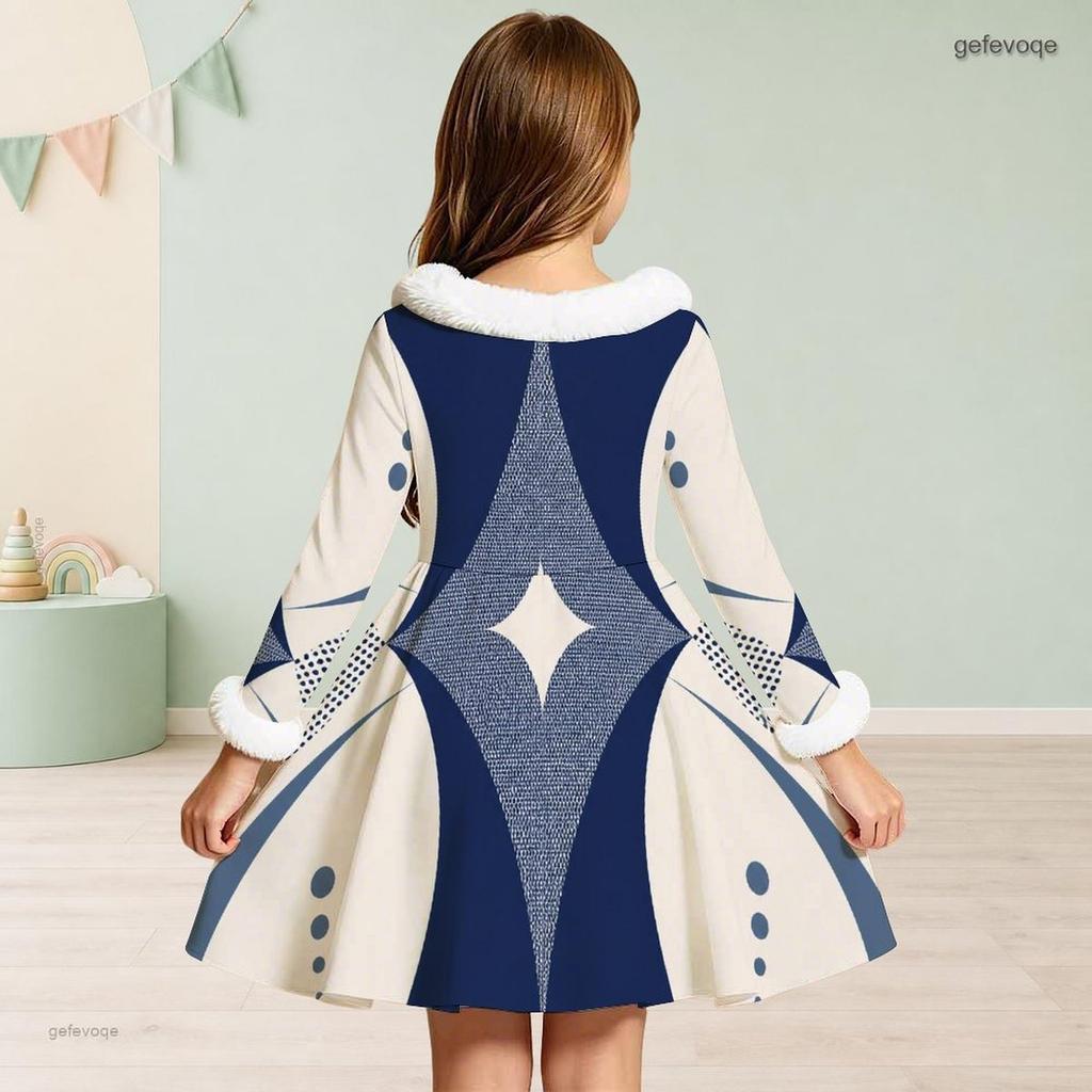 Girls Cream Printed Dress Furry Collar Long Sleeve Bow Waist A Line Flared Hem
