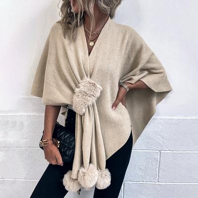 Frauen Winter Mode Einfarbig Pelz Ball Cape Pullover Schal Stricken WarmKnitting Warm