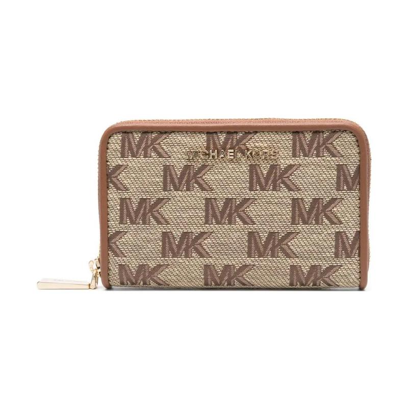 MICHAEL KORS Gold plaque logo pattern all-around zipper closure Fabric and calfskin Wallet Women s Beige/Ebony золотой