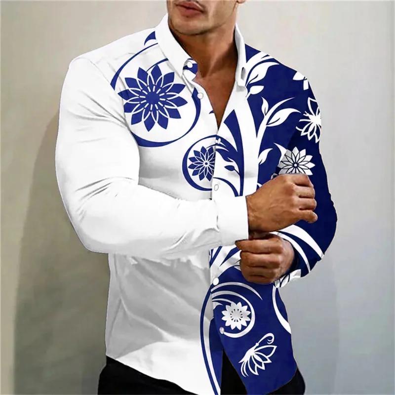 2024 New Multi-color Flower Printed Fashion Shirt, for Social Gatherings, Men's Lapel Long-sleeved Shirts Increase XS-6XL