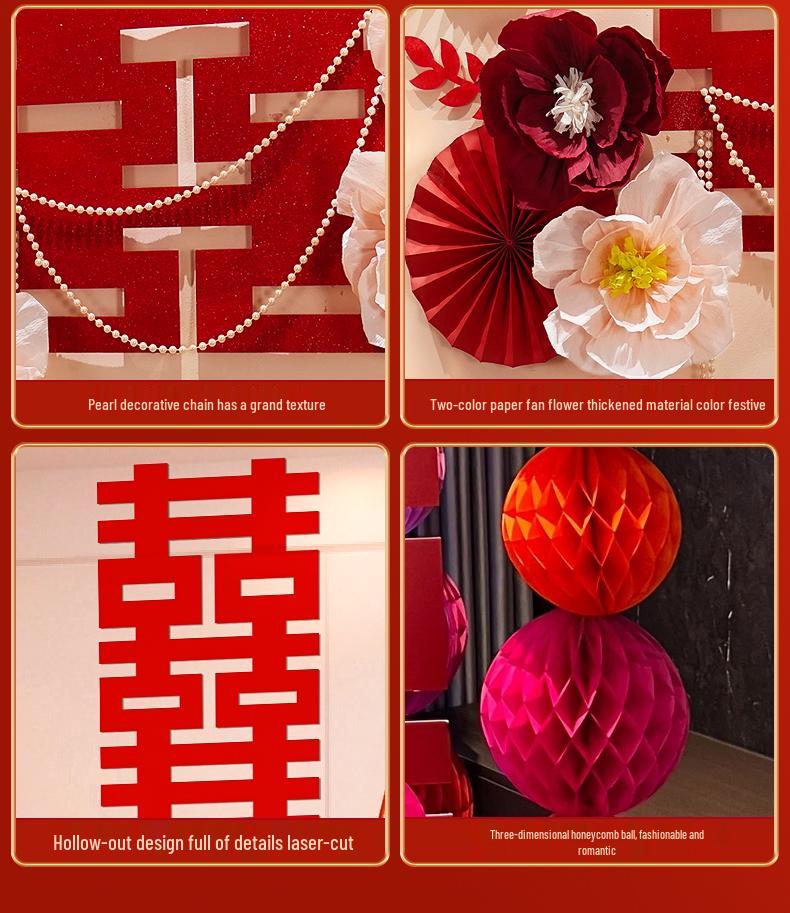 Ensemble de Décoration de Chambre de Mariage Nuptial avec Double Bonheur Sans Trace pour Hôtels et Salons