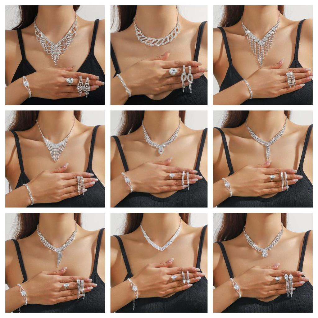 European Style Diamond-Inlaid Evening Necklace & Jewelry Set for Brides
