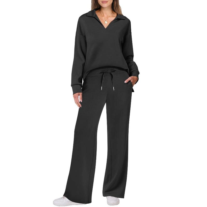 VEZFAA Damesmode Casual Lente Herfst Effen Kleur Print Lange Mouw POLO Hals Broek Pakken