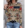 Autumn and Winter Women's Floral 3D Print Crew Neck Long-sleeve T-shirt with Ethnic Style