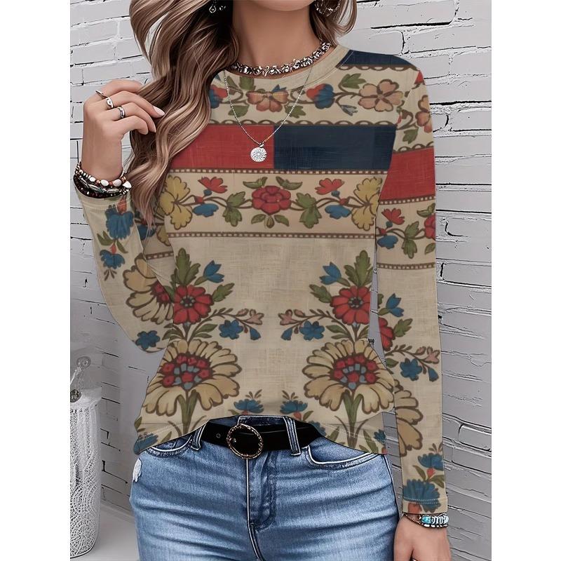Autumn and Winter Women's Floral 3D Print Crew Neck Long-sleeve T-shirt with Ethnic Style